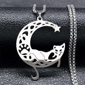 Crescent Moon Cat Silver Dipped Pendant on Silver Chain NEW Pets Cat Lovers Gift